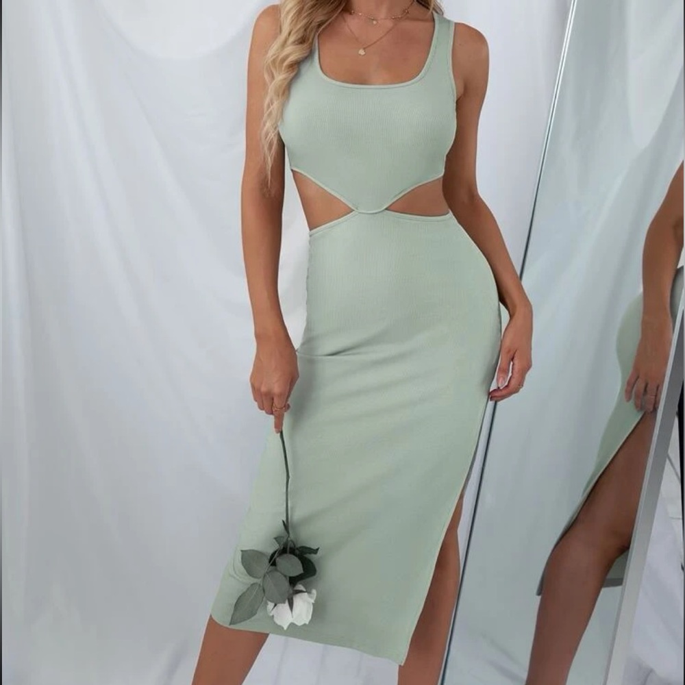 Midi Dress Cut Out Waist and Side Slit